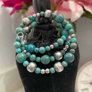 925 Sterling Turquoise Navajo Pearls Beaded Adjustable Wrap Bracelet